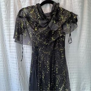 Costume Witch Dress Black with Gold Sequins Spiderweb Handkerchief bottom Sz M